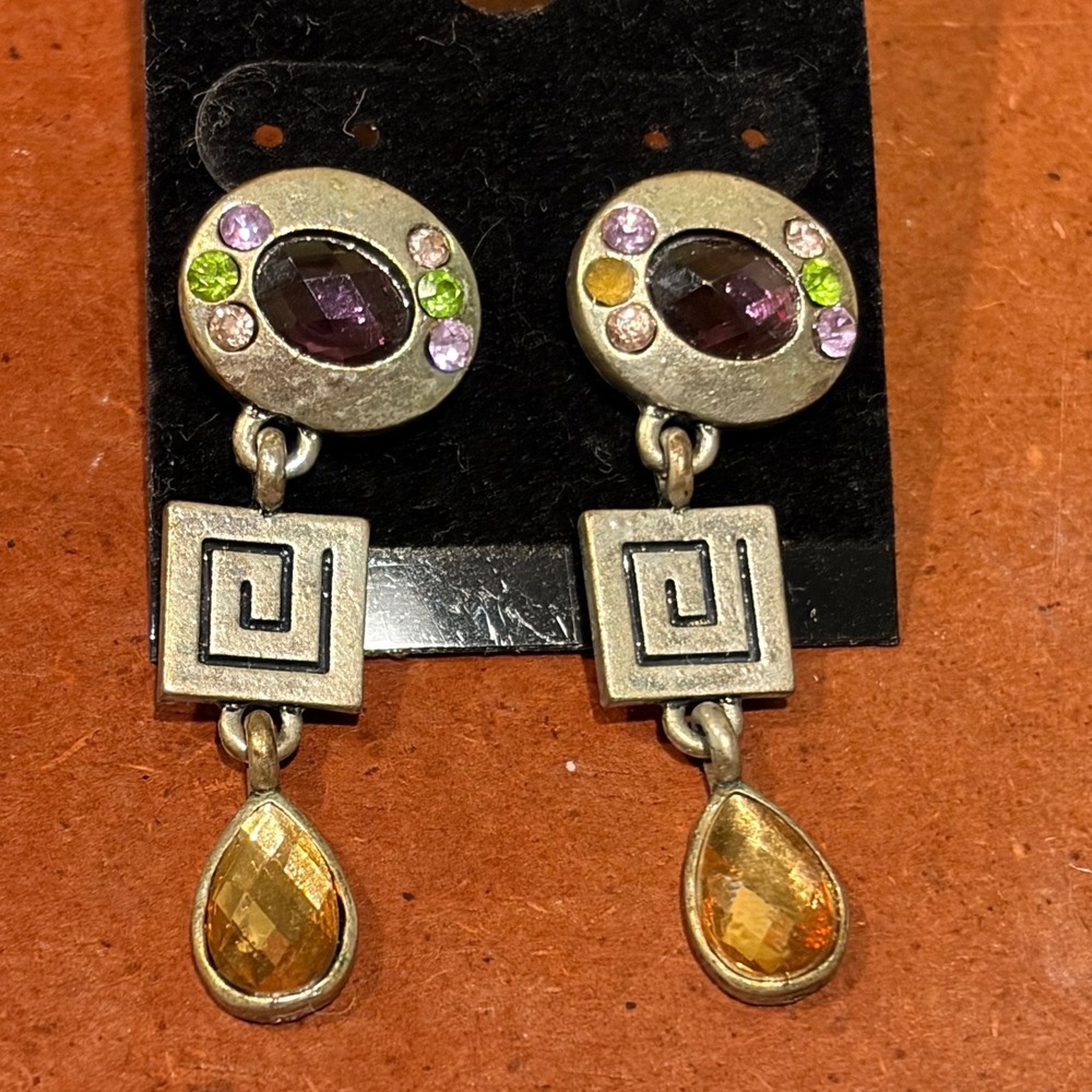 Vintage Style Multi Color Rhinestone Greek Key Drop Earrings Silver Tone Dangle